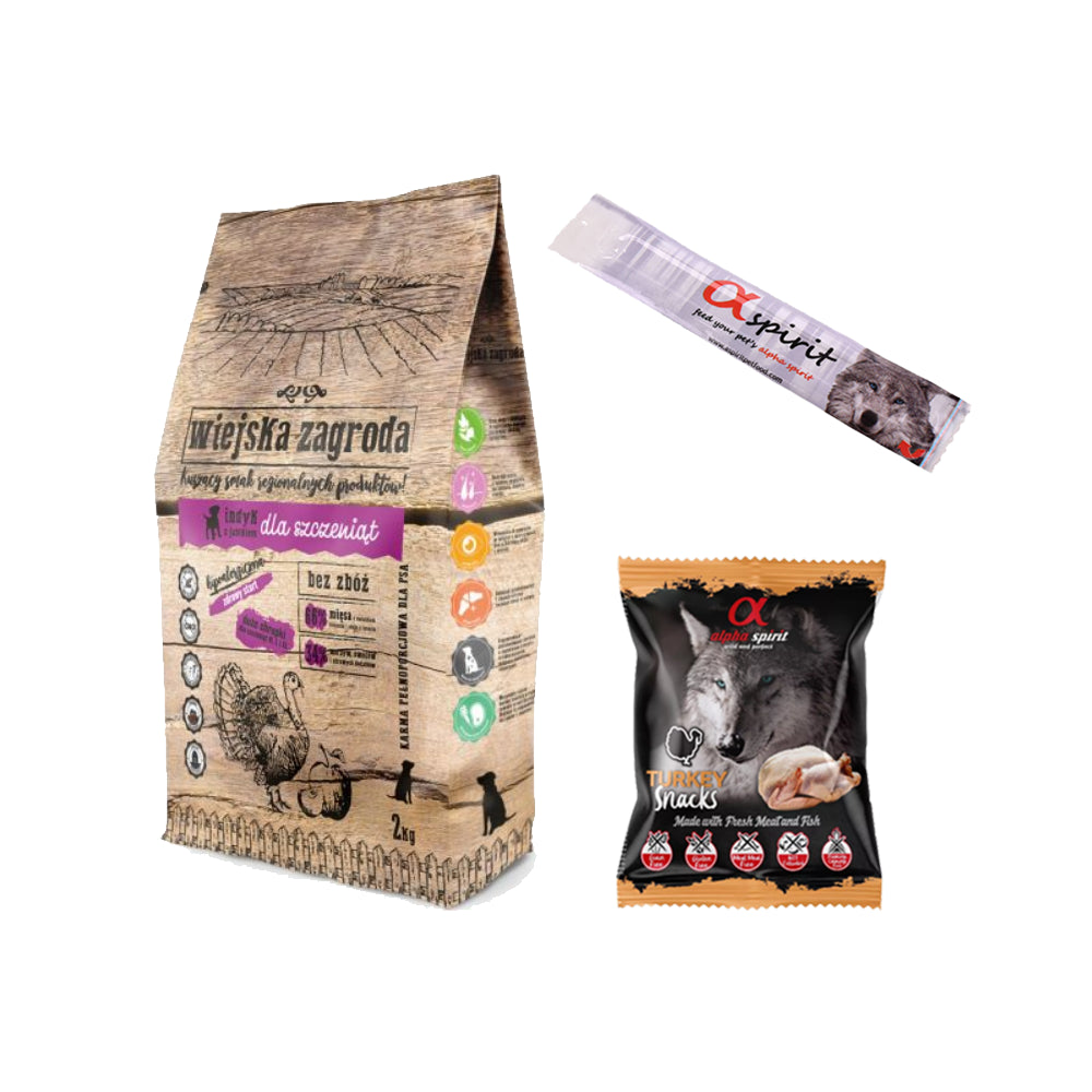 Pakiet Wiejska Zagroda Indyk z Jabłkiem dla Szczeniąt Dużych Ras 2 kg + GRATISY!