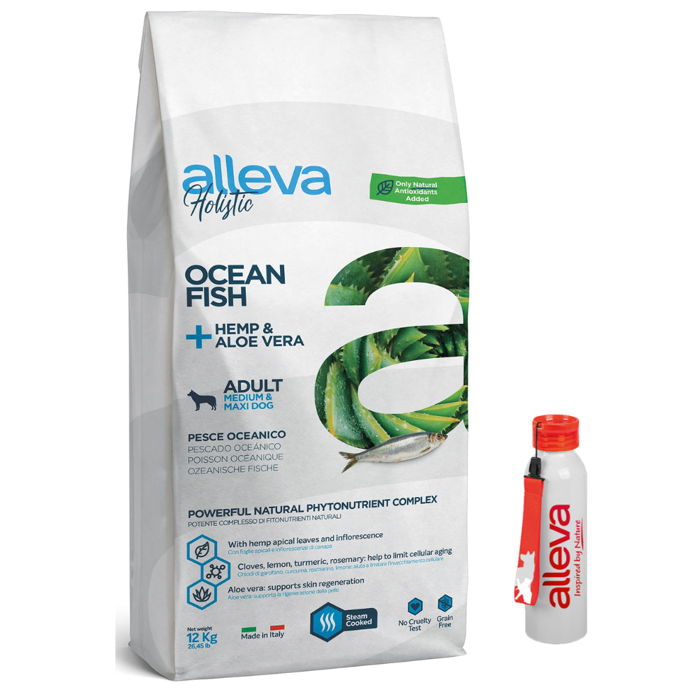 Pakiet Alleva Holistic Monoproteinowa Sucha Karma Dla Psów Średnich I Dużych Ras Z Rybami Oceanicznymi Oraz Z Dodatkiem Konopi Włóknistej I Aloesu 12 kg + Bidon GRATIS!
