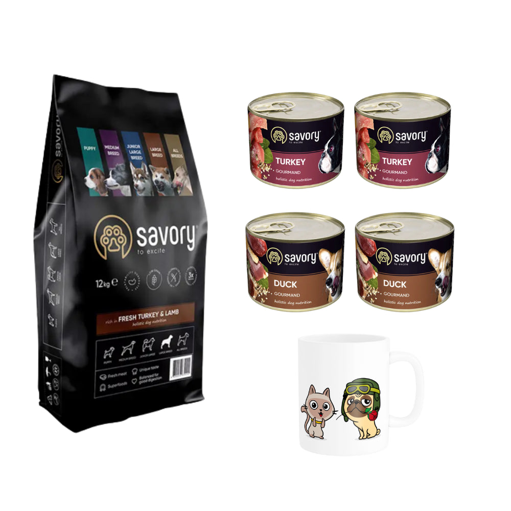 Pakiet Savory Dog Adult Large Breed Turkey&Lamb 12 kg + Mokra Karma 4 x 200 g i Kubek Gratis!