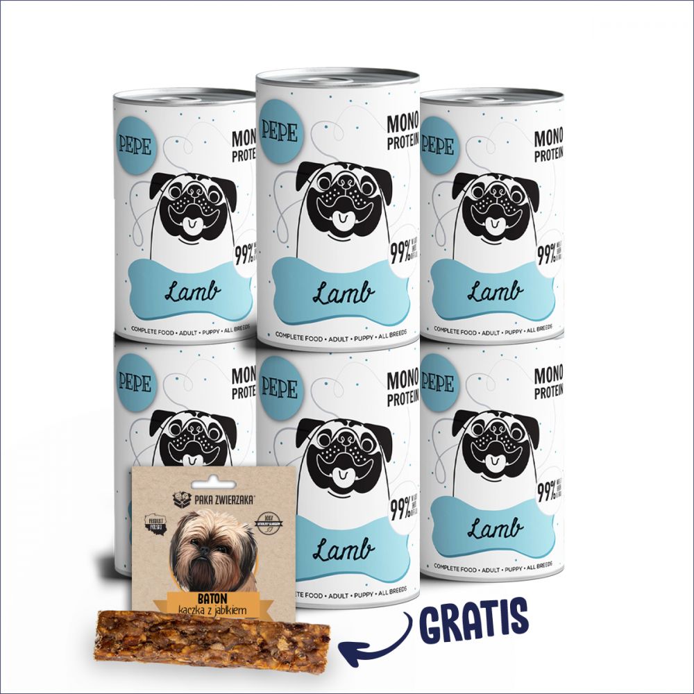 Pakiet Paka Zwierzaka Pepe Monoproteinowa Karma Dla Psa Jagnięcina 6 x 400 g + Baton Kaczka z Jabłkiem 28 g GRATIS!