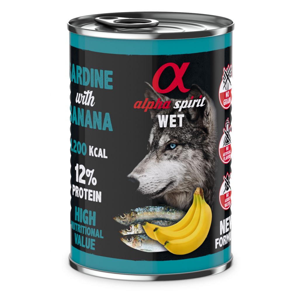 Alpha Spirit Mokra Karma Dla Dorosłych Psów Wszystkich Ras z Sardynką i Bananem 400 g