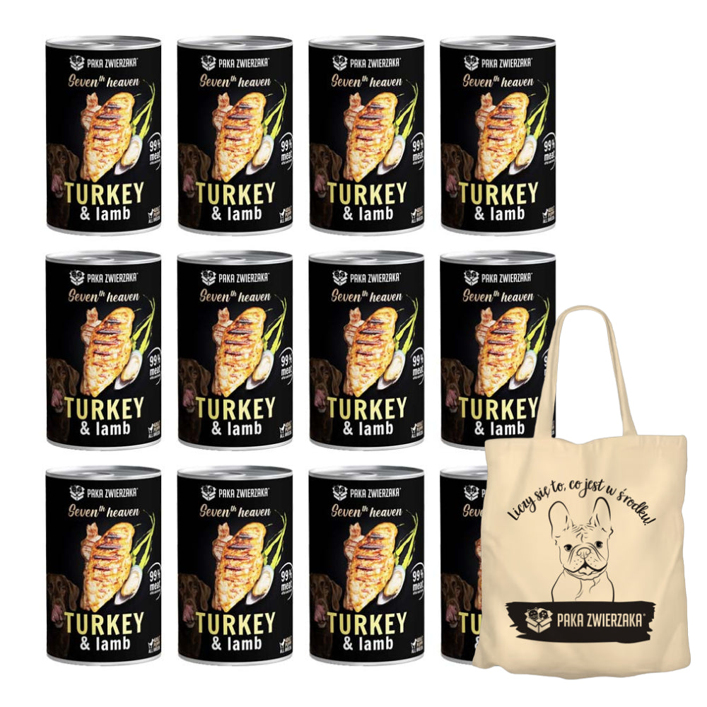 Pakiet Paka Zwierzaka Seventh Heaven Indyk z Jagnięciną Mokra Karma Dla Psa 12 x 400 g + Torba Bawełniana GRATIS!