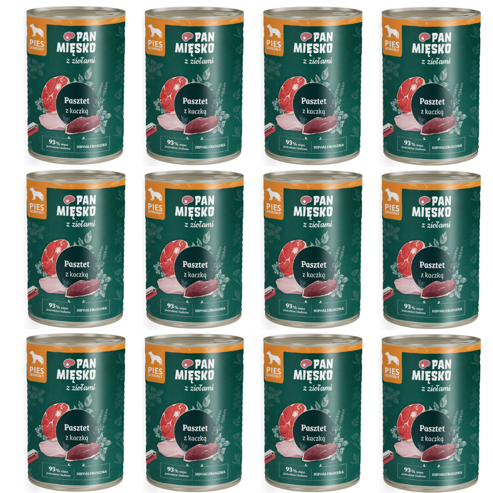 Pakiet Pan Mięsko Mokra Karma Dla Dorosłych Psów Pasztet z Ziołami i Kaczką 12 x 400 g