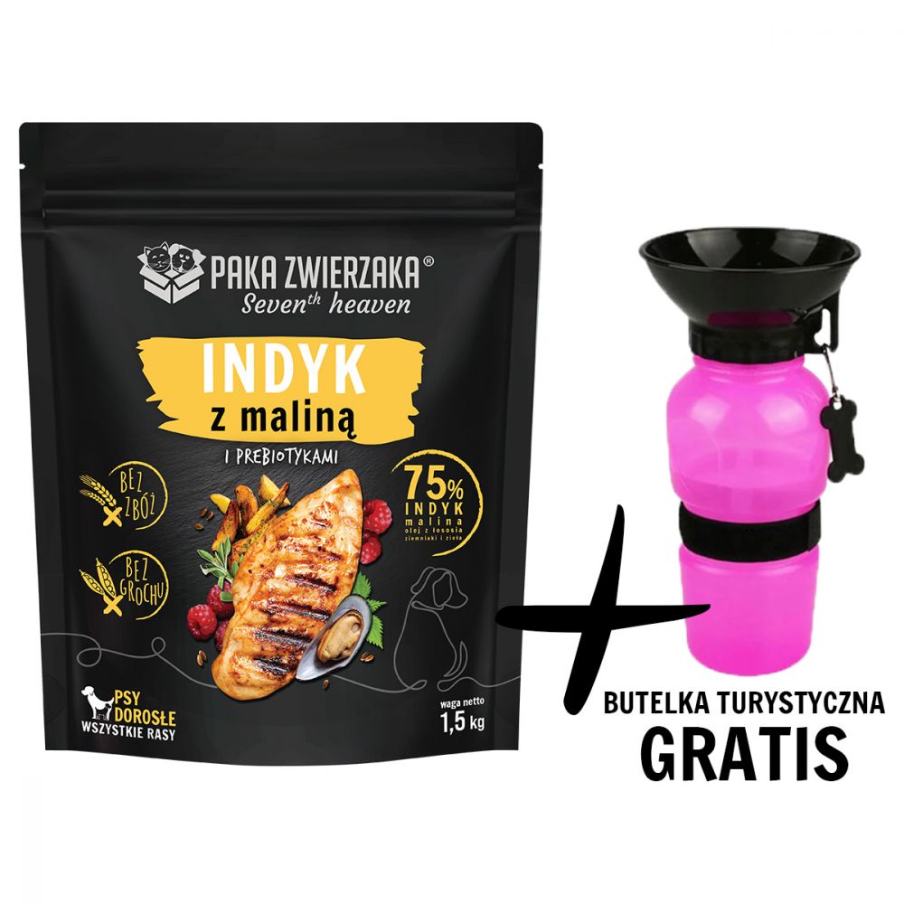 Pakiet Paka Zwierzaka Seventh Heaven Turkey&Raspberry Sucha Karma Dla Dorosłych Psów Indyk Z Malinami 1,5 kg + Butelka Turystyczna GRATIS!