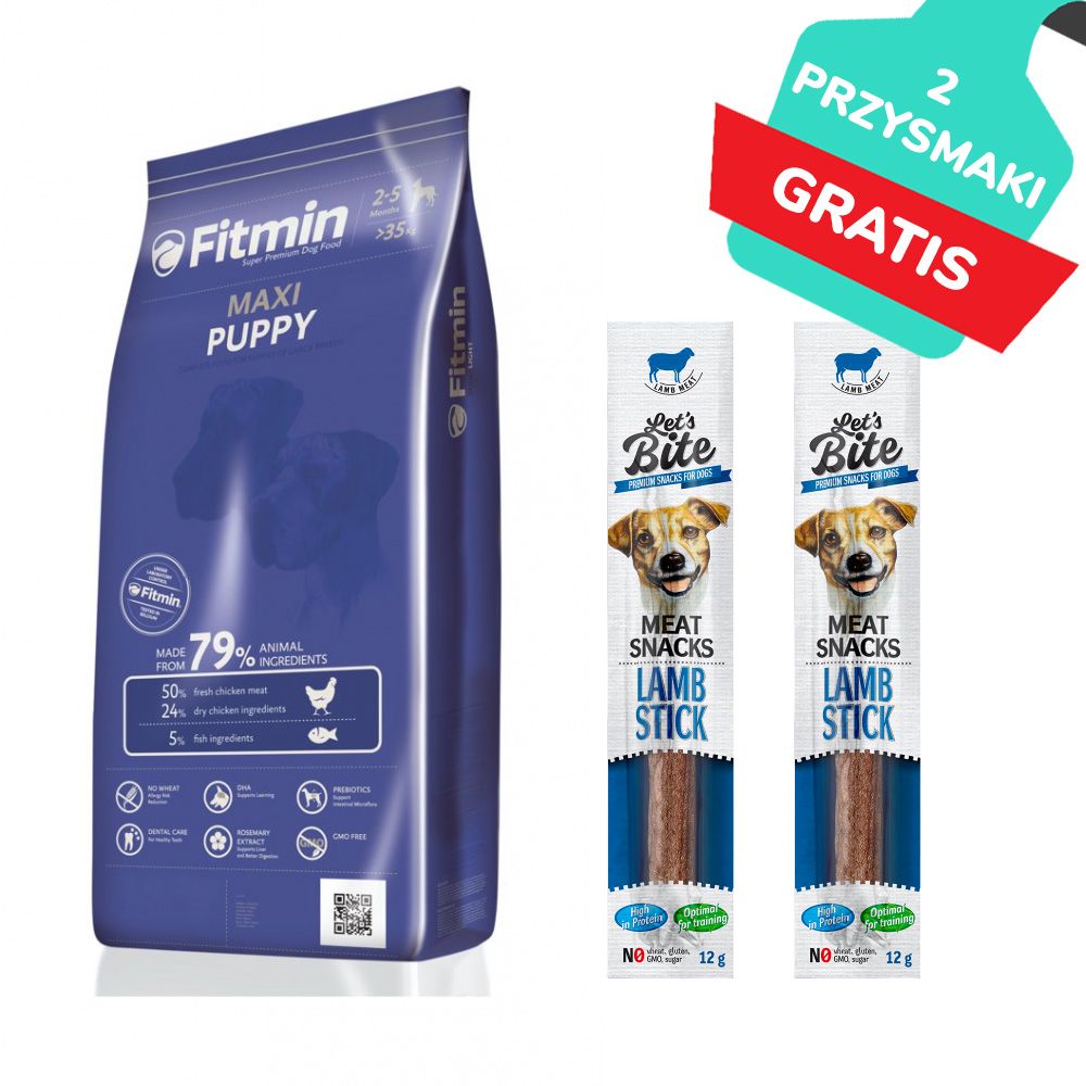 Pakiet Fitmin Maxi Puppy 15 kg + 2 x Brit Lets Bite Snack Beef Stick 12 g GRATIS