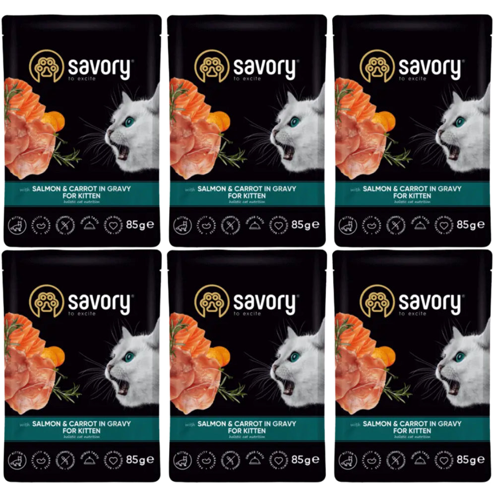 Pakiet Savory Cat Kittens Salmon&Carrots Gravy Karma Mokra Dla Kociąt z Łososiem i Marchewką w Sosie 6 x 85 g