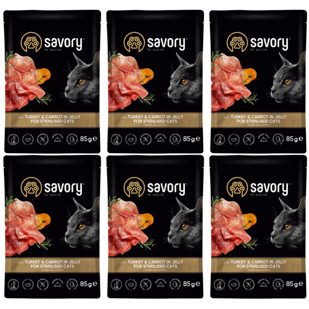 Pakiet Savory Cat Adult Sterilised Turkey&Carrots Jelly Karma Mokra Dla Kotów Po Sterylizacji i Kastracji z Indykiem i Marchewką w Galaretce 6 x 85 g
