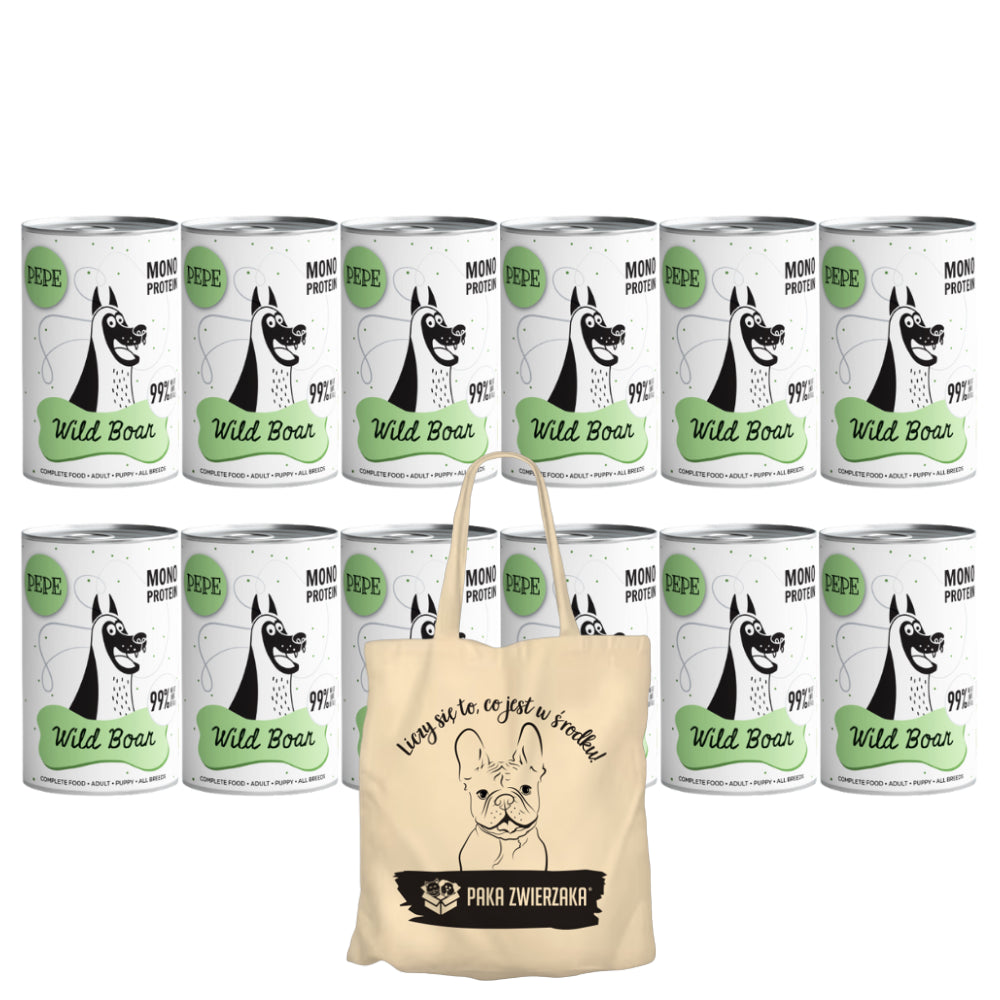 Pakiet Paka Zwierzaka Pepe Monoproteinowa Karma Dla Psa Dziczyzna 12 x 400 g + Torba Bawełniana GRATIS!
