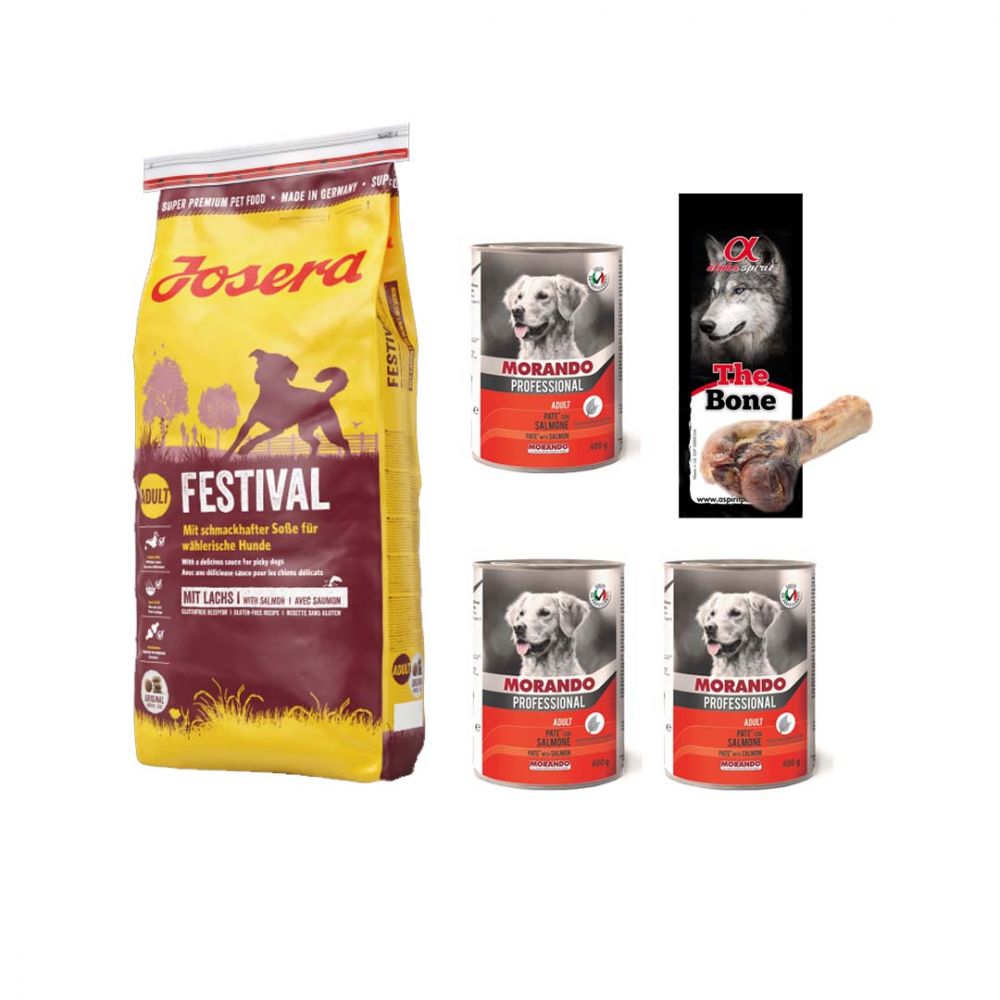 Pakiet Josera Festival Łosoś 15 kg + 4 GRATISY! Karma Mokra Morando, Kość Dla Psa