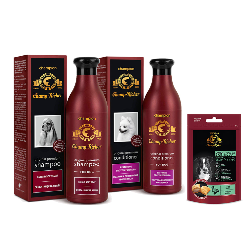 Pakiet Champ Richer Szampon dla Psów o Sierści Długiej i Miękkiej 250ml + Odżywka Proteinowa Regeneracja 250 ml + Smakołyki Champ Richer GRATIS!