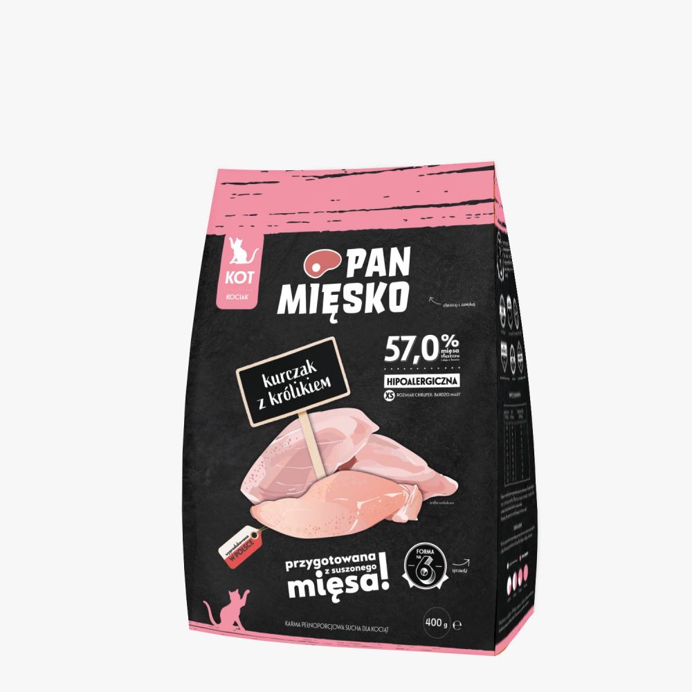 Pan Mięsko Sucha Karma Dla Kociąt Kurczak z Królikiem Rozmiar XS 400 g