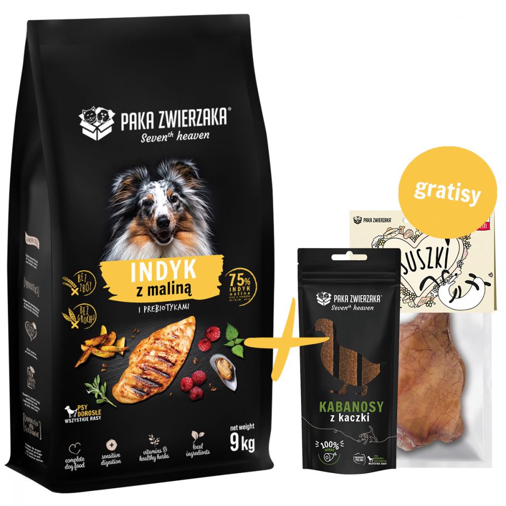 Pakiet Paka Zwierzaka Seventh Heaven Turkey&Raspberry Sucha Karma Dla Dorosłych Psów Indyk Z Malinami 9 kg + Kabanosy z Kaczki i Ucho Wieprzowe GRATIS!