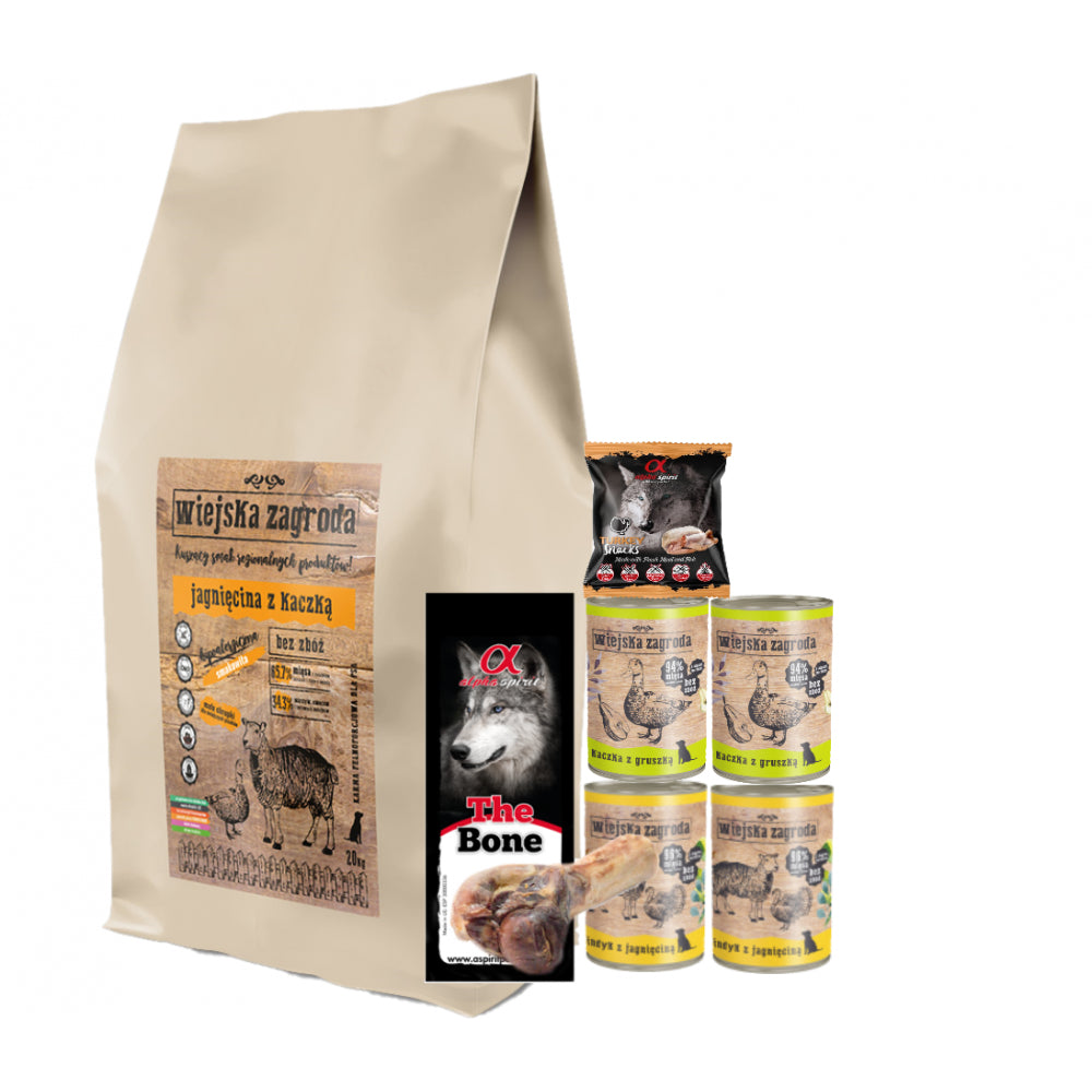 Pakiet Wiejska Zagroda Jagnięcina z Kaczką Mniejsze Rasy 20 kg + 6 GRATISÓW Karma Mokra, Przysmaki