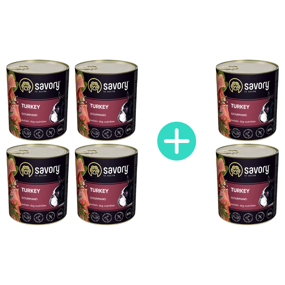 Pakiet Savory Dog Adult Mono Turkey Karma Mokra Monoproteinowa Dla Dorosłych Psów Wszystkich Ras z Indykiem 4 x 800 g + 2 Puszki Gratis!