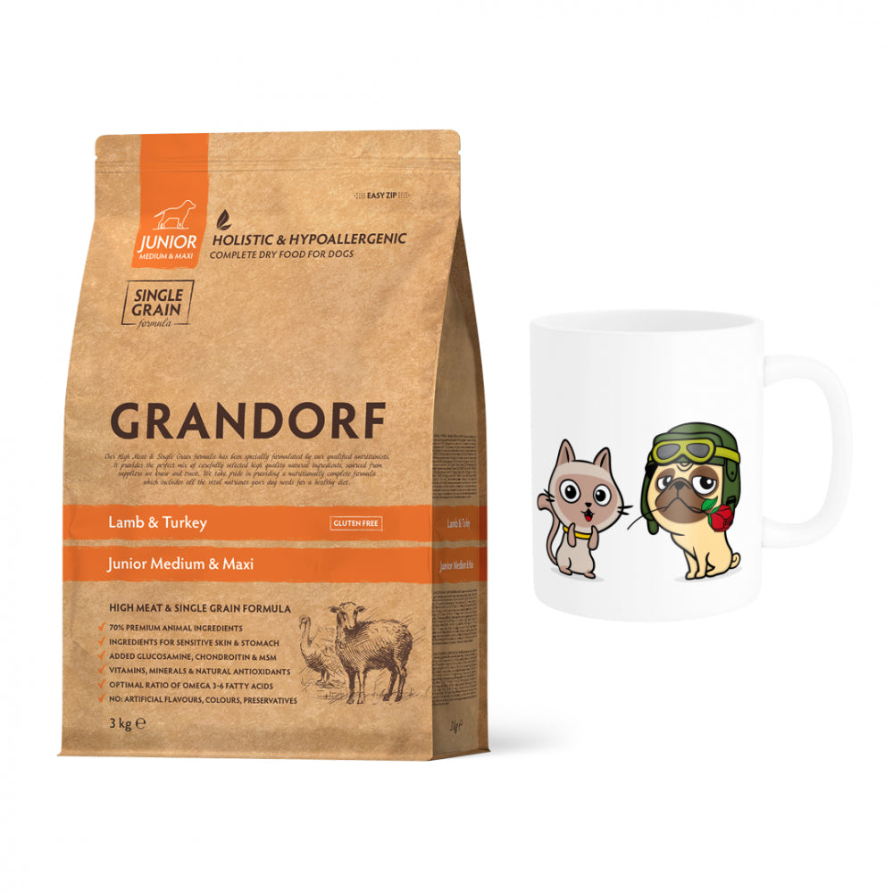 Pakiet Grandorf Lamb & Turkey Junior Medium & Maxi Breeds Karma Dla Juniorów Średnich i Dużych Ras 3 kg + Kubek z Twoim Pupilem GRATIS!
