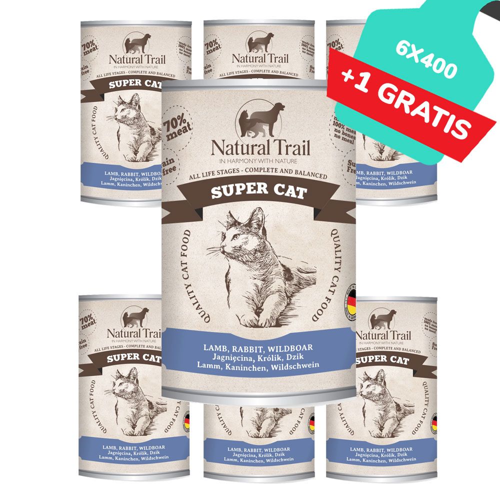 Natural Trail Super Cat Jagnięcina Królik Dzik Bezzbożowa Karma Dla Kota 6 x 400 g + 400 g gratis