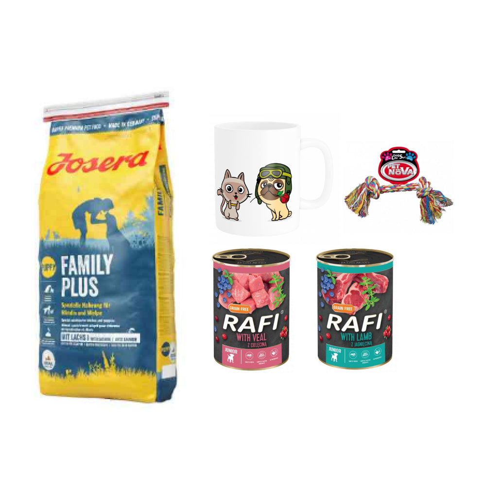 Pakiet Josera Family Plus Suki Szczenięta 15 kg + 4 GRATISY! Karma, Zabawka, Kubek z Twoim Pupilem
