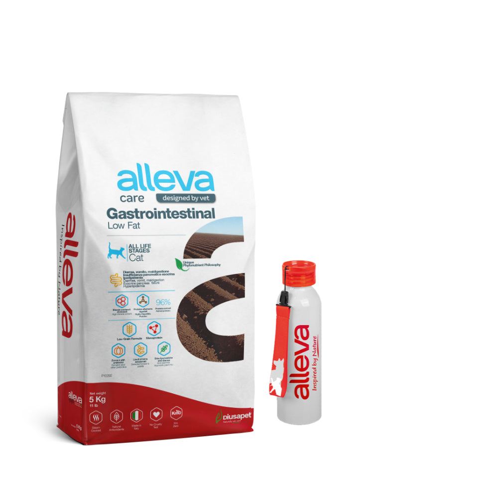 Pakiet Alleva Care Gastrointestinal Low Fat Sucha Karma Dla Kotów Na Każdym Etapie Życia Zmniejszająca Zaburzenia Jelitowe 5 kg + Bidon GRATIS!