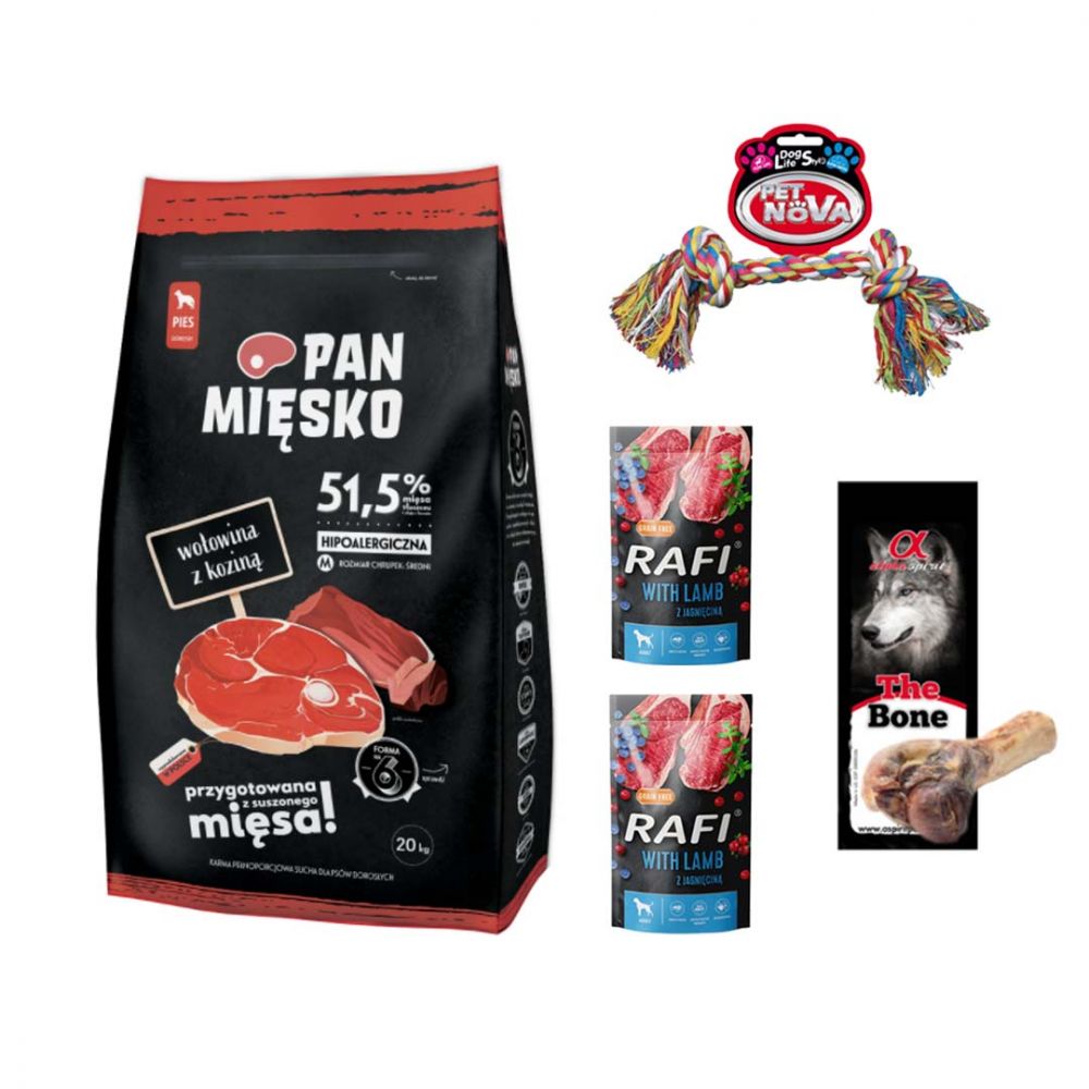 Pakiet Pan Mięsko Karma Sucha Dla Dorosłych Psów Wołowina Z Koziną Rozmiar M 20 kg + Karma Mokra, Zabawka, Kość GRATIS!
