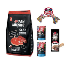 Pakiet Pan Mięsko Karma Sucha Dla Dorosłych Psów Wołowina Z Koziną Rozmiar M 20 kg + Karma Mokra, Zabawka, Kość GRATIS!