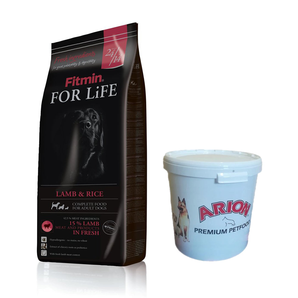 Pakiet Fitmin Dog For Life Lamb & Rice 15 kg + Arion wiaderko na suchą karmę GRATIS!