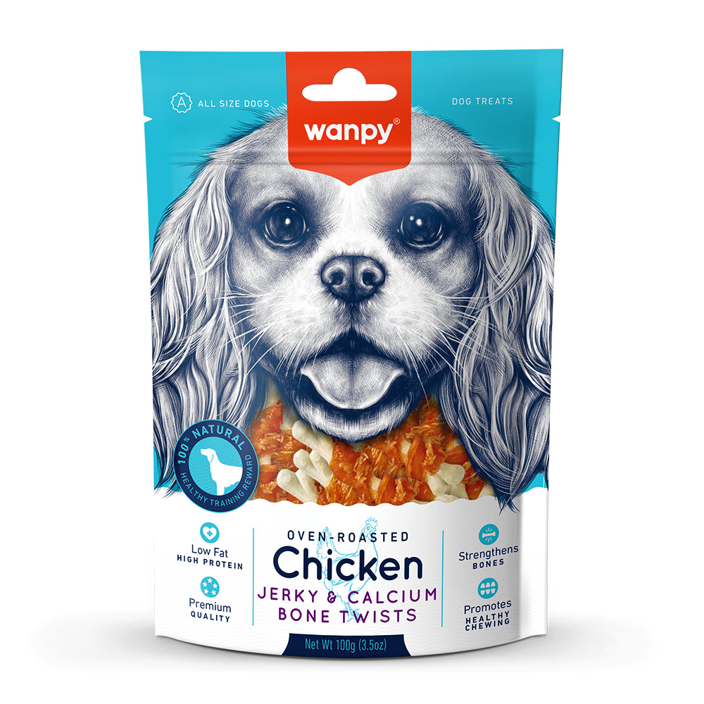 Wanpy Chicken Jerky & Calcium Bone Twists Kostki z Kurczakiem Przekąska dla Psa 100 g