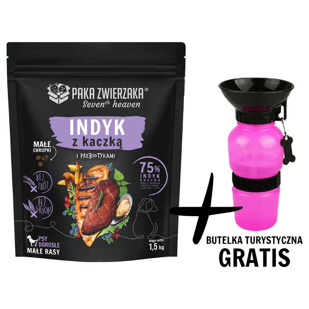 Pakiet Paka Zwierzaka Seventh Heaven Mini Sucha Karma Dla Dorosłych Psów Małych Ras Indyk z Kaczką 1,5 kg + Butelka Turystyczna GRATIS!