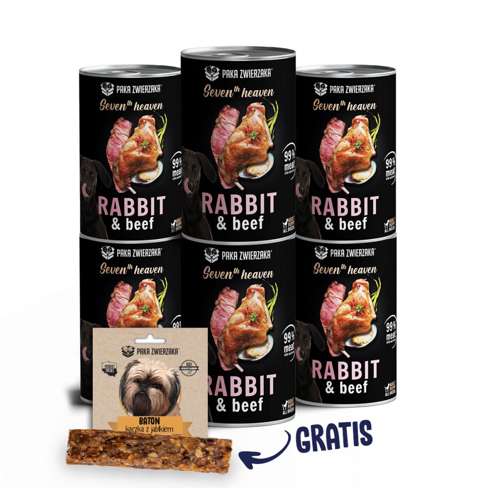 Pakiet Paka Zwierzaka Seventh Heaven Królik z Wołowiną Mokra Karma Dla Psa 6 x 400 g + Baton Kaczka z Jabłkiem 28 g GRATIS!