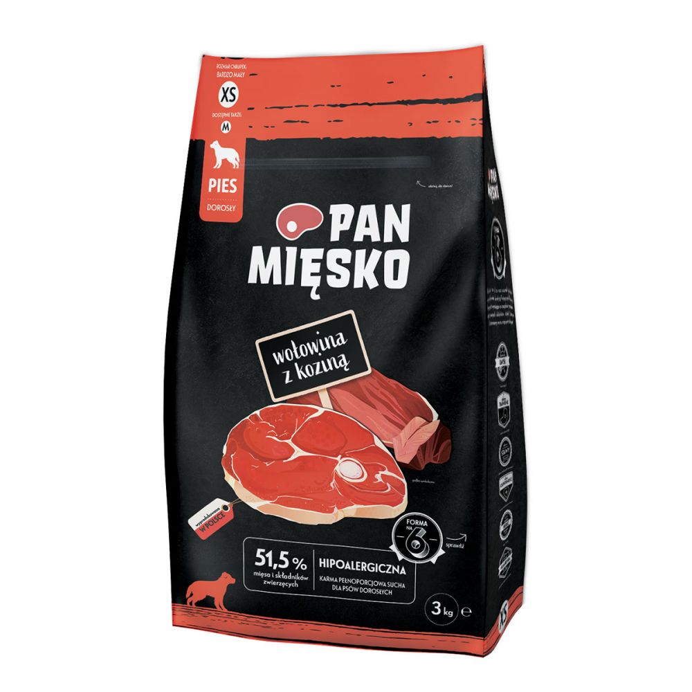 Pan Mięsko Karma Sucha Dla Dorosłych Psów Wołowina z Koziną Rozmiar XS 3 kg