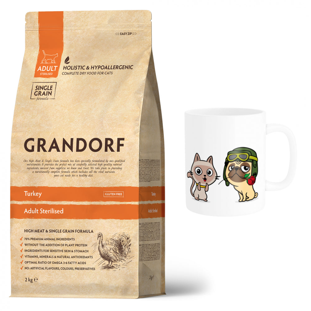 Pakiet Grandorf Turkey Sterilised Adult Sucha Karma Dla Kotów Sterylizowanych 2 kg + Kubek z Twoim Pupilem GRATIS!