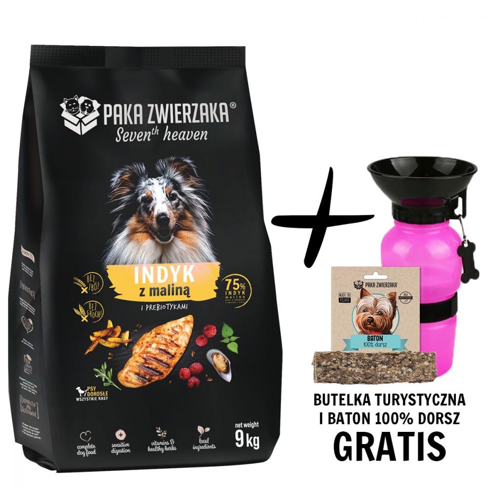 Pakiet Paka Zwierzaka Seventh Heaven Turkey&Raspberry Sucha Karma Dla Dorosłych Psów Indyk Z Malinami 9 kg + Butelka Turystyczna i Baton Dorsz 100% GRATIS!