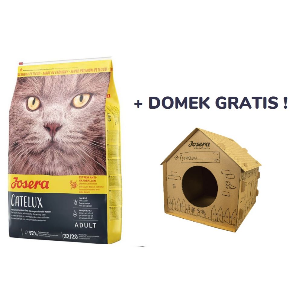 Pakiet Josera Catelux Kaczka Ziemniaki Skóra Sierść Odkłaczanie 10 kg + Tekturowy domek dla kota GRATIS