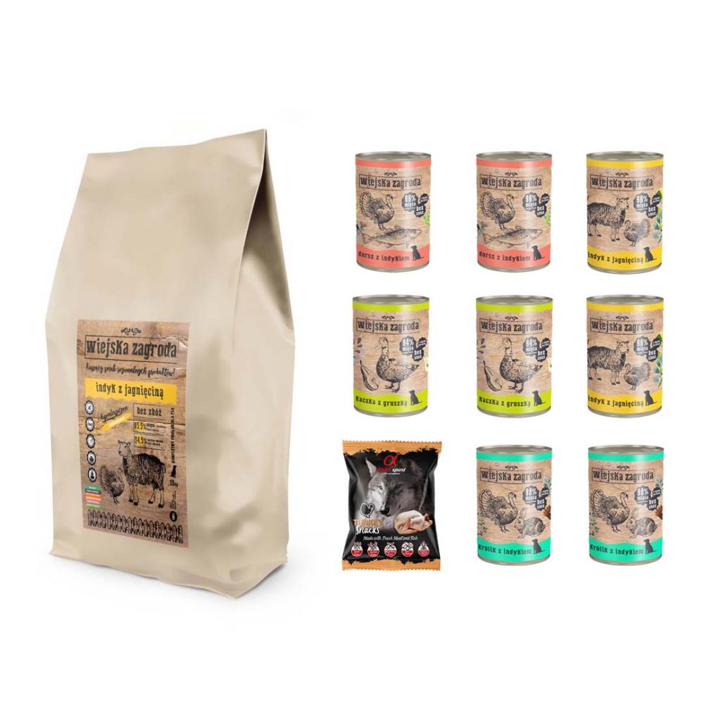 Pakiet Wiejska Zagroda Indyk z Jagnięciną 20 kg + 9 GRATISÓW! Mokra Karma, Przysmak w Kostkach