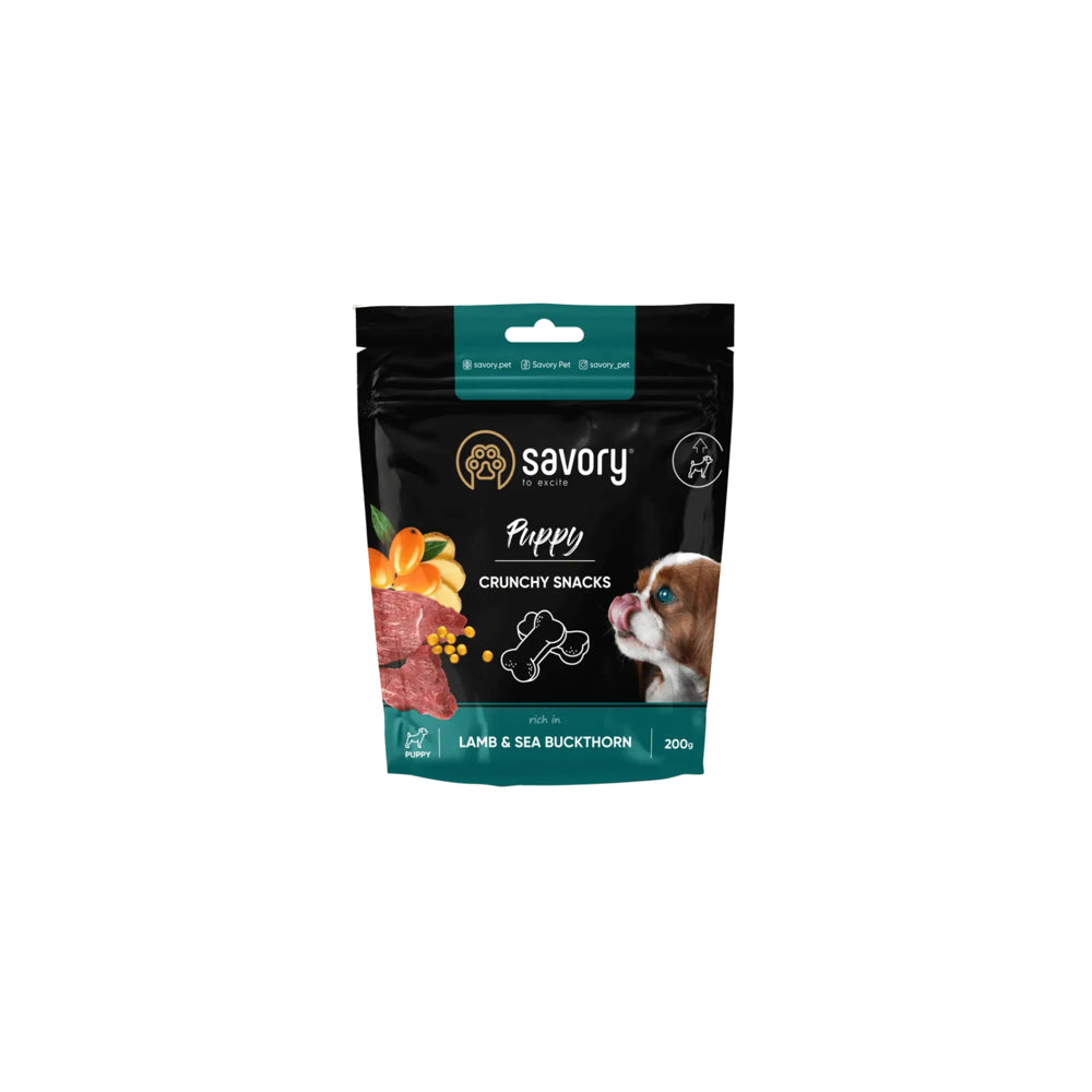 Savory Dog Crunchy Snacks Lamb&Sea Buckthorn Chrupiące Przysmaki Zdrowy Rozwój z Jagnięciną i Rokitnikiem Dla Szczeniąt 200 g