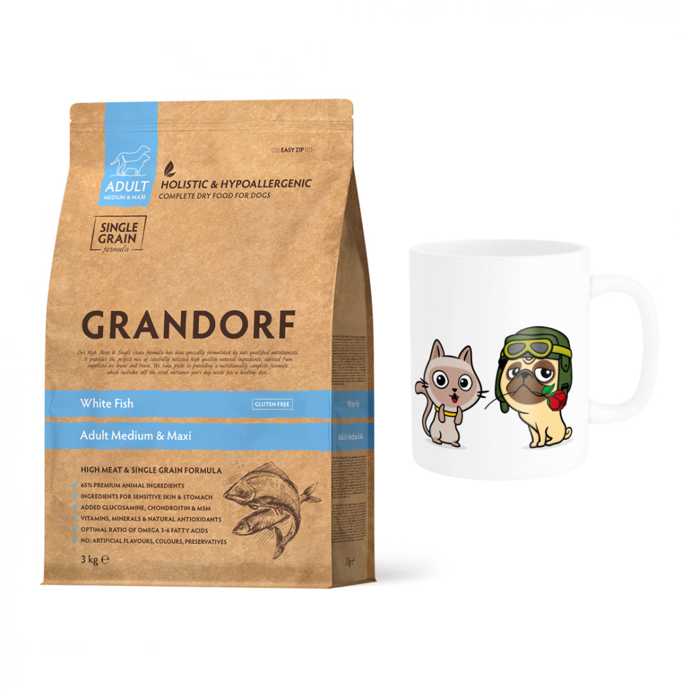 Pakiet Grandorf White Fish Adult Medium&Maxi Breed Sucha Karma Dla Dorosłych Psów Średnich i Dużych Ras 3 kg + Kubek z Twoim Pupilem GRATIS!