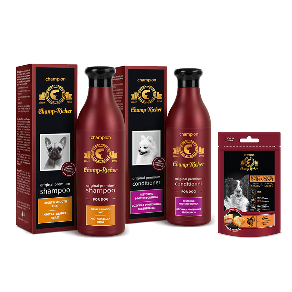 Pakiet Champ Richer Szampon dla Psów o Sierści Krótkiej i Gładkiej 250ml + Odżywka Proteinowa Regeneracja 250 ml + Smakołyki Champ Richer GRATIS!