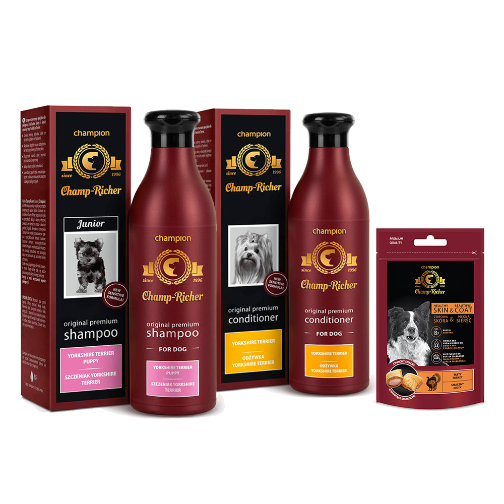 Pakiet Champ - Richer Szampon dla Szczeniąt Rasy YORKSHIRE TERRIER + Odżywka YORKSHIRE TERRIER 2 x 250 ml + Smakołyk Champ - Richer GRATIS!