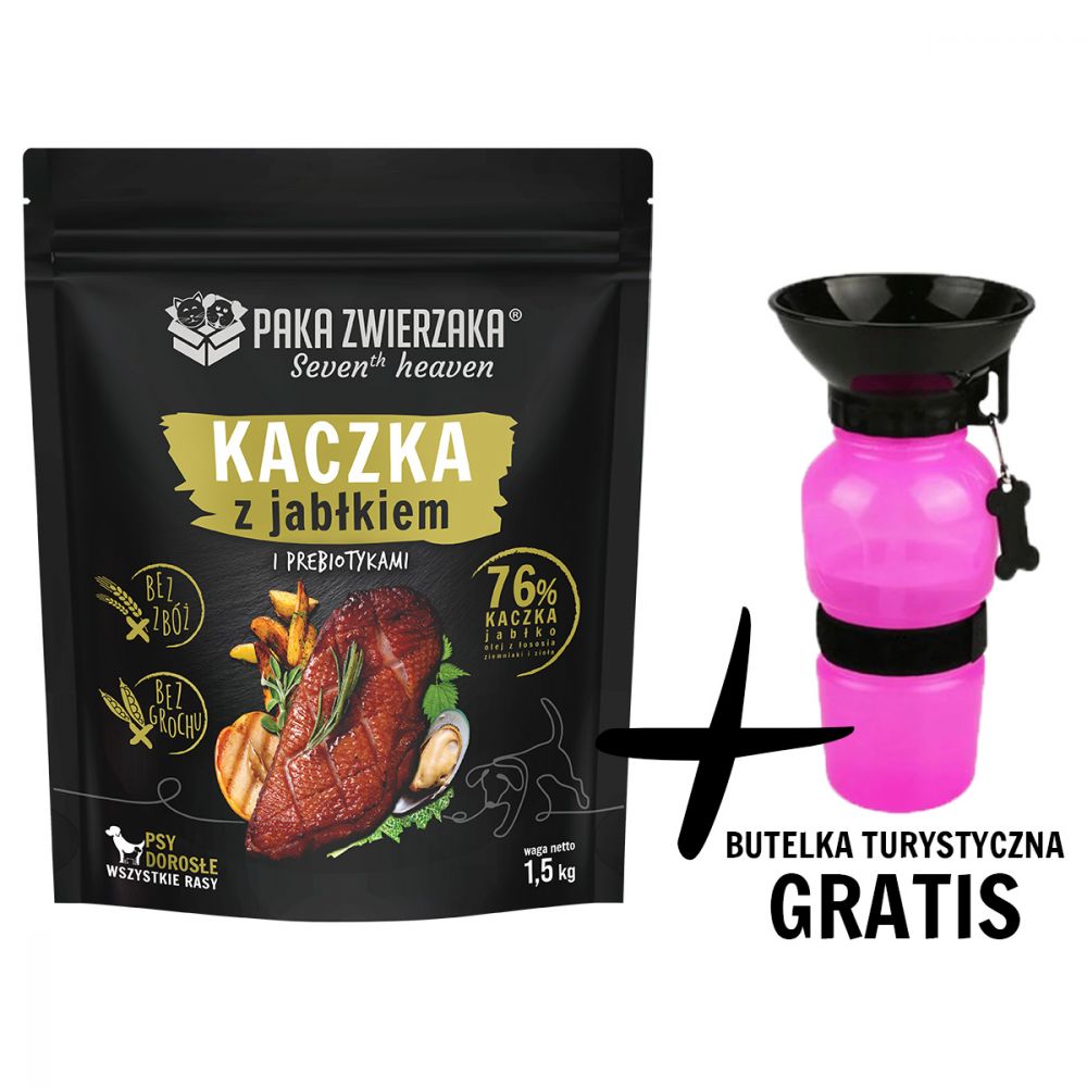 Pakiet Paka Zwierzaka Seventh Heaven Duck&Apple Sucha Karma Dla Dorosłych Psów Kaczka Z Jabłkiem 1,5 kg + Butelka Turystyczna GRATIS!