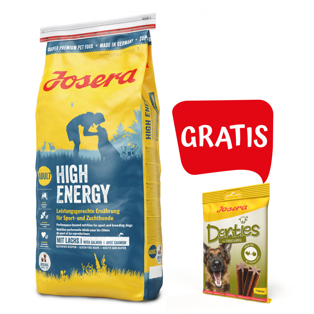 Pakiet Josera High Energy Łosoś Psy Sportowe Hodowlane 15 kg + Josera Denties Przysmak z Indykiem 180 g GRATIS!