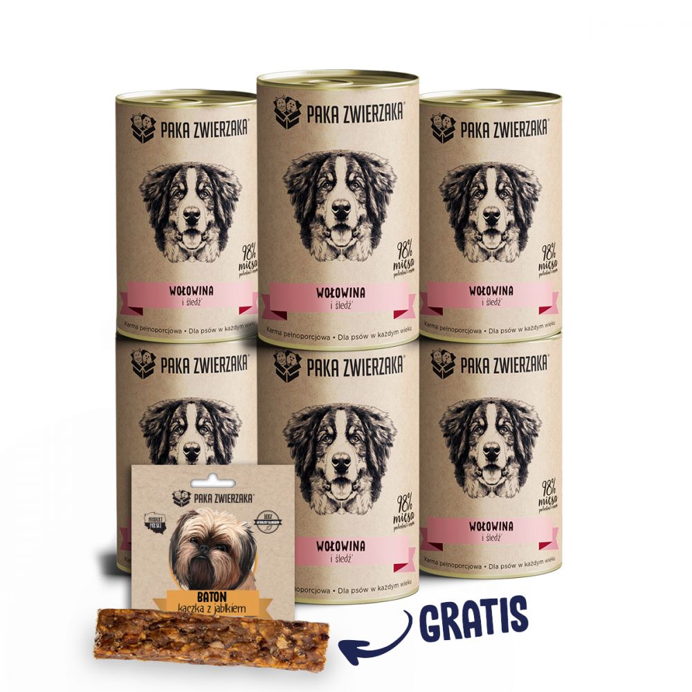Pakiet Paka Zwierzaka Mokra Karma Dla Psa Wołowina i Śledź 6 x 400 g + Baton Kaczka z Jabłkiem 28 g GRATIS!