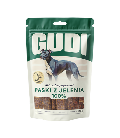 GUDI Paski mięsne Jeleń 100g naturalne przysmaki dla psa