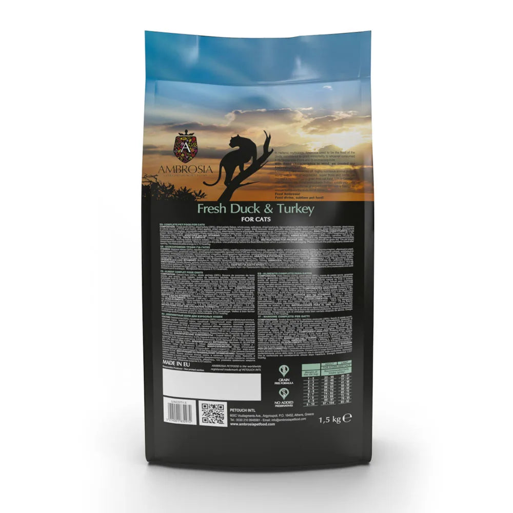 AMBROSIA Light Świeża kaczka i indyk 5kg dla kotów dorosłych, seniorów, kotów sterylizowanych i z nadwagą