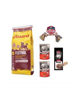 Pakiet Josera Festival Łosoś 15 kg + 4 GRATISY! Karma Mokra Morando, Kość, Zabawka