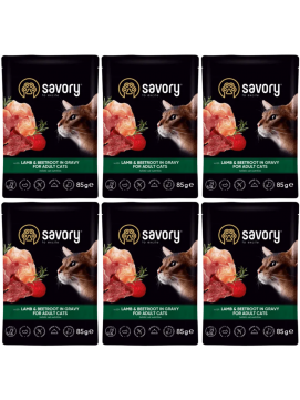 Pakiet Savory Cat Adult Lamb&Beetrot Gravy Karma Mokra Dla Dorosłych Kotów Jagnięcina i Burak w Sosie 6 x 85 g