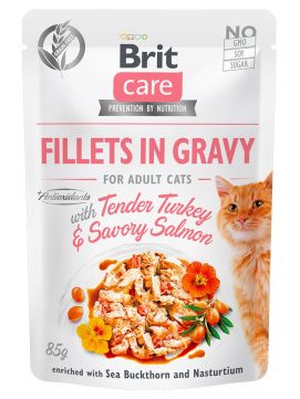 Brit Care Cat Fillets in Gravy Tender Turkey & Savory Salmon & Fileciki z Indyka i ososia w Sosie Mokra Karma Dla Kotw 85 g